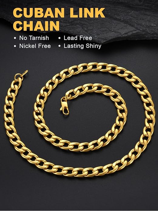 U7 Cuban Link Chain for Men Women Stainless Steel Curb Necklace, 7/9/12/15 MM Chunky Chain Silver/Gold/Black Mens Hip Hop Jewelry 18''-30''