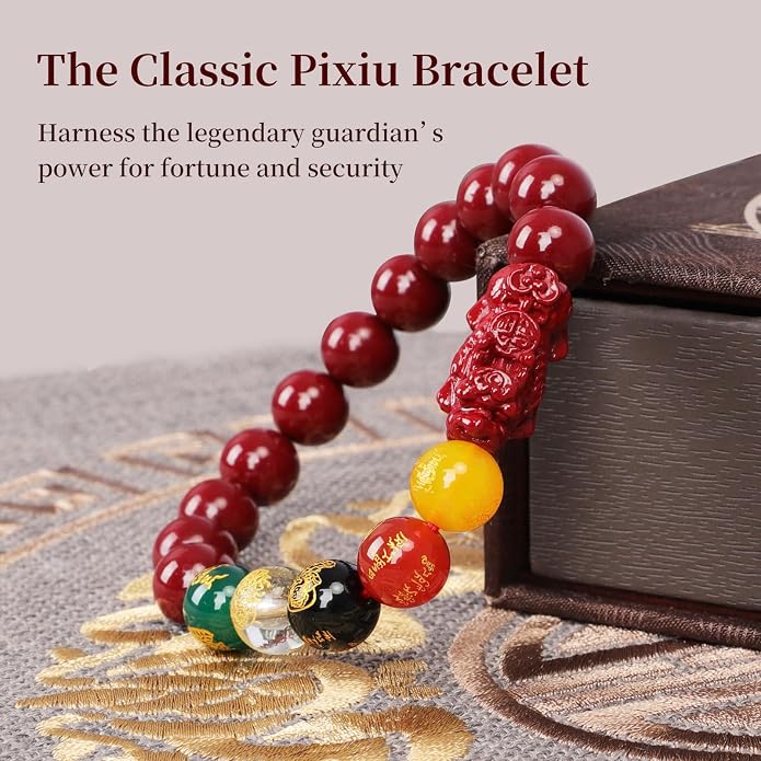 Five Roads Wealth God Cinnabar Pixiu Bracelet - Feng Shui Red String Bracelet for Good Luck & Money Attraction, Fortune Blessing for Men & Women, Adjustable Lucky Charm Bracelet (Classic & Cinnabar Options, 8/10/12mm)