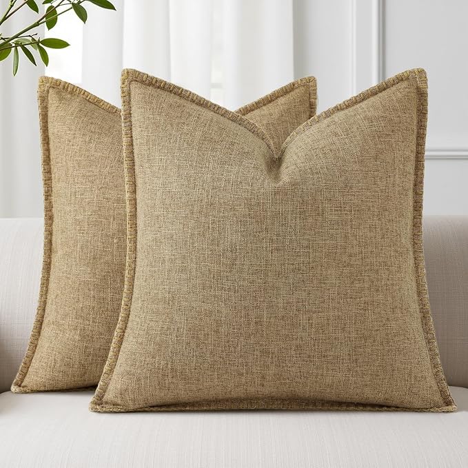 decorUhome Khaki Faux Linen Outdoor Throw Pillow Covers 16x16 Set of 2 | Fall Decorative Textured Neutral Modern Farmhouse Pillow Covers with Stitched Edge for Couch Sofa Bed Living Room