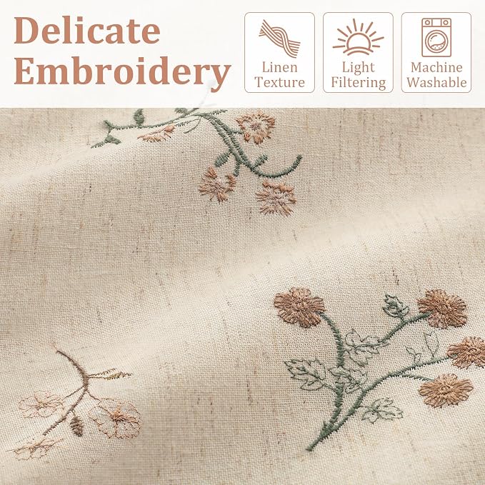 Floral Embroidered Linen Blend Curtains for Bedroom, 72 Inch Light Filtering Spring Farmhouse Vintage Drapes Beige Flower Window Treatments for Living Room Rod Pocket, Set of 2 Panels