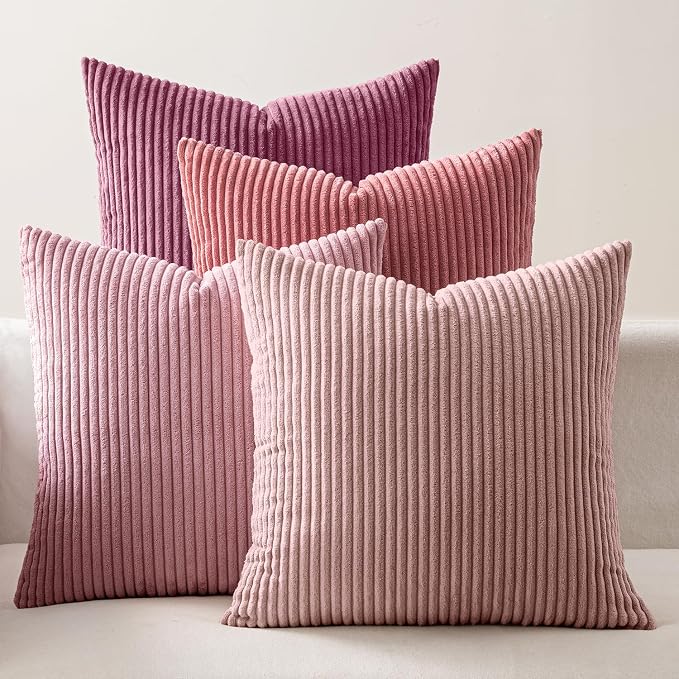 EMEMA Aesthetic Pink Decorative Throw Pillow Covers for Couch Bed Livingroom 18x18 Inch Set of 4 Cute Coquette Corduroy Boho Square Pillow Case,Western Modern Cushion Covers Home Spring Decor