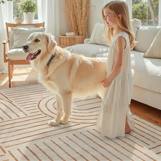 DCX Abstract Machine Washable 5x7 Rug, Orange Modern Accent Rug for Living Room, Soft Low Pile Non Slip Carpet, Kid & Pet Friendly Stain Resistant Rug for Bedroom Dining Room Office