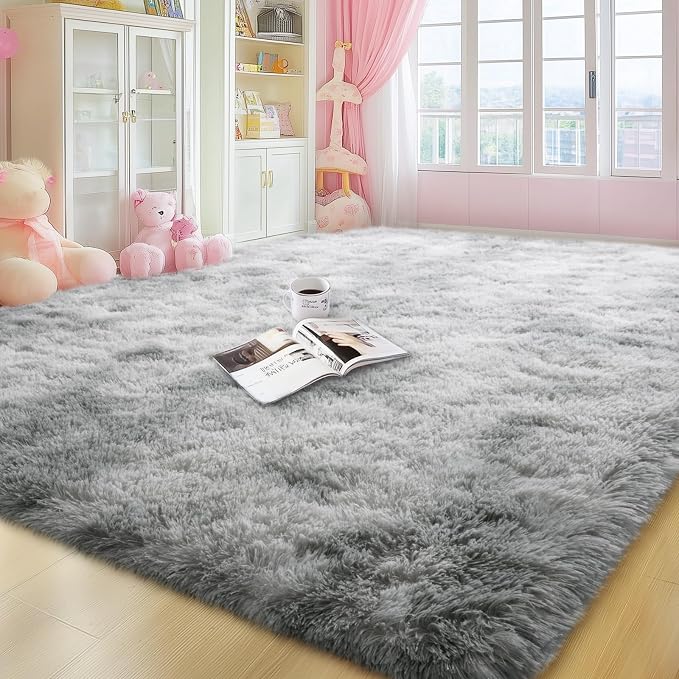 qulint 6x9 Area Rug for Living Room, Fluffy Bedroom Area Rug, Tie-Dyed Grey | Shag Shaggy Large Grey Carpet for Boys Room, Fuzzy Plush Modern Rug for Dorm Kid Room Classroom Home Decor