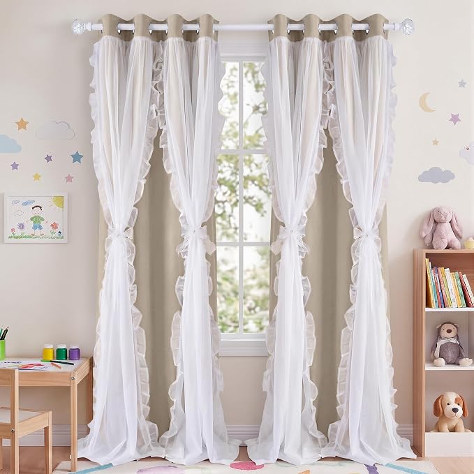 PONY DANCE 100% Blackout Curtains for Girl's Bedroom, Double Layer Grommet Curtain 84 inch Long with Sheer Overlay for Living Room, Nursery Kids Toddler Room Decor, Sand, 52" W x 84" L, 2 Panels