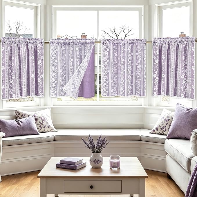 ASPMIZ Linen Kitchen Curtains Double Layer Kitchen Window Curtains Over Sink 24 Inch Length Purple Tier Curtain Light Filtering, Rod Pocket Cafe Curtain Short Window Treatments with 2 Tiebacks, 26x24