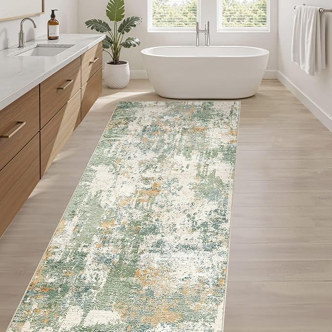 Runner Rug Kitchen Washable Rugs: 3x10 Non-Slip Abstract Soft Modern Stain Resistant Indoor Floor Neutral Accent Throw Carpet for Hallway Bathroom Laundry Room Entryway Bedroom- Green