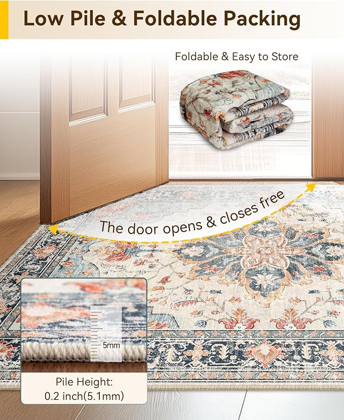 RELEANY Area Rugs Runner 2'x7' Washable Non-Slip, Floral Vintage Distress Medallion Carpet for Kitchen Hallway Bedroom Beside Laundry Room Bathroom, Beige Navy Blue Orange Colorful