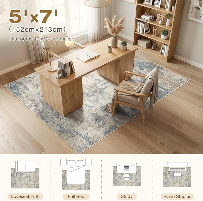 cotiled 5x7 Area Rugs Abstract Soft Non Slip Washable Living Room Rug | Stain Resistant, Robot Vacuum & Pet Friendly, Low-pile, For Living Room, Bedroom, Dining Table, Nursery Light Blue