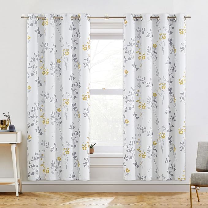 Beauoop Floral 100% Blackout Curtains Bedroom Yellow Grey 52X72 2 Panels | Flower Patterned Yellow White Room Darkening Drapes for Living Room Thermal Insulated Soundproof Window treatment Grommet
