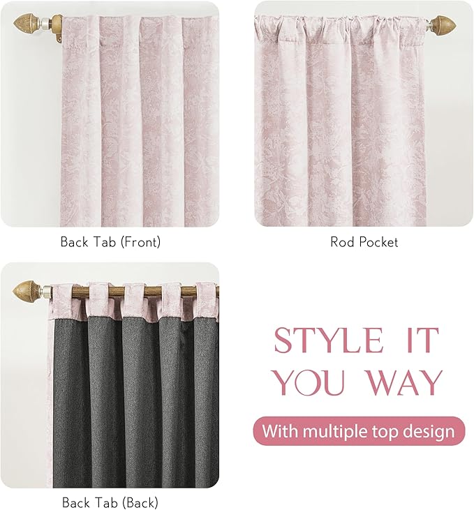 Beauoop Pink Floral Jacquard Blackout Curtains for Bedroom 52x63 2 Panels | Flower Chenille Room Darkening Drapes for Living Room 63 Inch Long Thermal Insulated Soundproof Window treatment Rod Pocket