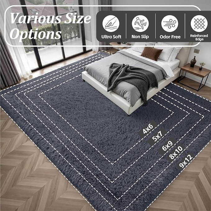 Fluffy Area Rugs 9x12 Living Room Bedroom: Ultra Soft Shag Rug Upgrade Non-Slip Non-Shedding Large Fuzzy Plush Carpet Indoor Floor Carpets for Kids Room Playroom Nursery Dorms Home Decor Grey
