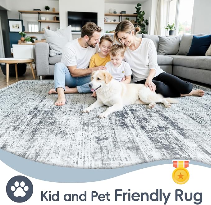 6x9 Area Rugs Washable Rug: Anti-Skid Abstract Modern Living Room Rug Soft Thin Carpets Indoor Floor Non-Shedding Carpet for Bedroom Dining Farmhouse Nursery Home Office (Black/Grey/White,6'x9')