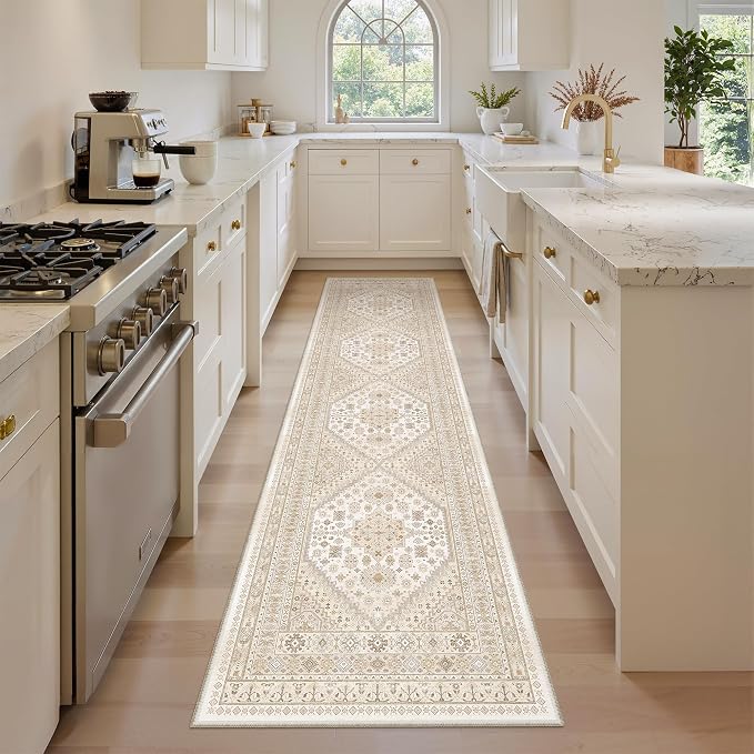 zesthome Rug Runners for Hallways Non Slip - 2x8 Runner Rug for Bedroom, Washable Runner with Rubber Backing, Soft Low-Pile Carpet for Kitchen, Laundry, Bathroom (Cream/Beige,2'x8')