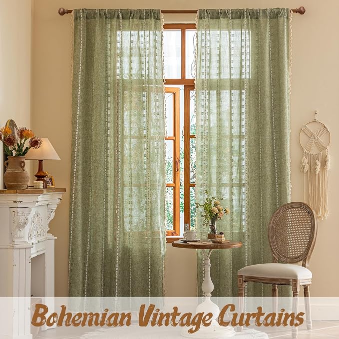 Sage Green Boho Sheer Curtains 72 inches Long 2 Panels for Bedroom, Light filtering Semi Sheer Bohemian Christmas Country Privacy Tassels Vintage Embroidery Stripes Window Curtains Back Tab, 50" W