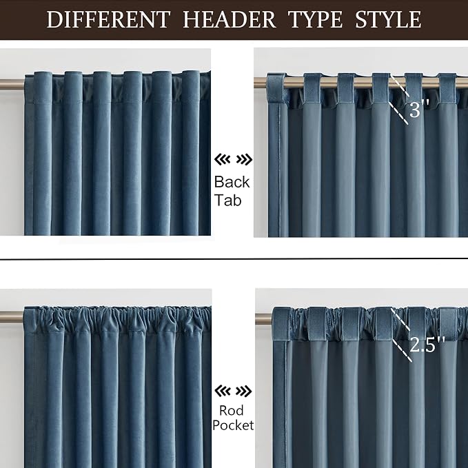 PRIMROSE 100% Full Blackout Velvet Curtains 96 inch Long for Living Room,Set of 2 Stone Grayish Blue Liner Rod Pocket Back Tab Thermal Window Curtains Room Darkening Curtains Drapes for Bedroom