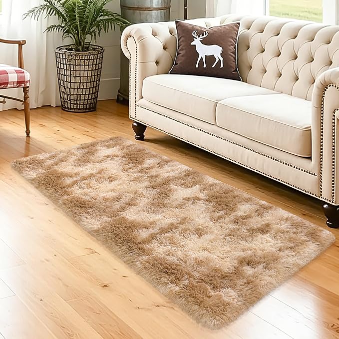 2x5 Feet Beige Fluffy Runner Rug for Bedroom, Soft Plush Shag Carpet Non Slip Washable Long Rug for Hallway Nursery Dorm Living Room, Fuzzy Bedside Rug for Kids Girls Room Decor