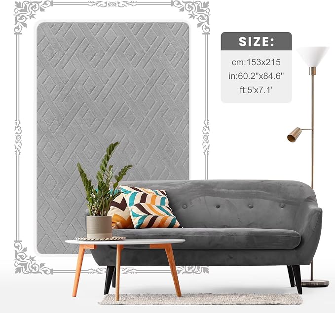 Macgace Ultra Soft Grey Area Rug for Living Room, 5x7 Modern Geometric Shag Rugs with Nonslip Backing for Bedroom, Washable Fuzzy Carpet for Cozy Kids Room