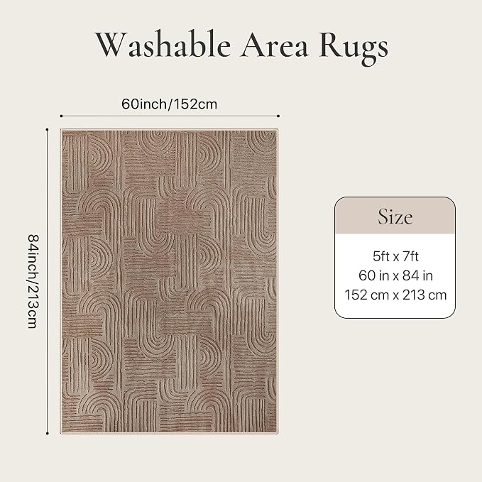 GENIMO Soft Washable Area Rugs 5x7, 3D Modern Arch Pattern Living Room Rug, High-Low Pile Textured Non Slip Carpet, Non-Shedding Stain Resistant Light Brown Rugs for Bedroom, Dining Room, Nursery