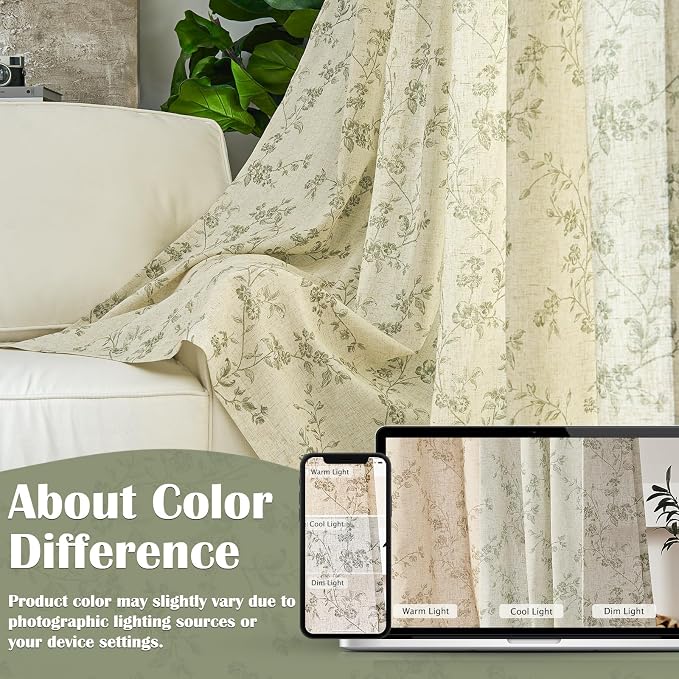 Lazzzy Green Floral Linen Curtains 63 Inch Farmhouse Back Tab Drapes for Living Room Bedroom Light Filtering Vintage Grandmillennial Rod Pocket Curtains, 2 Panels, W38 x L63, Green on Beige
