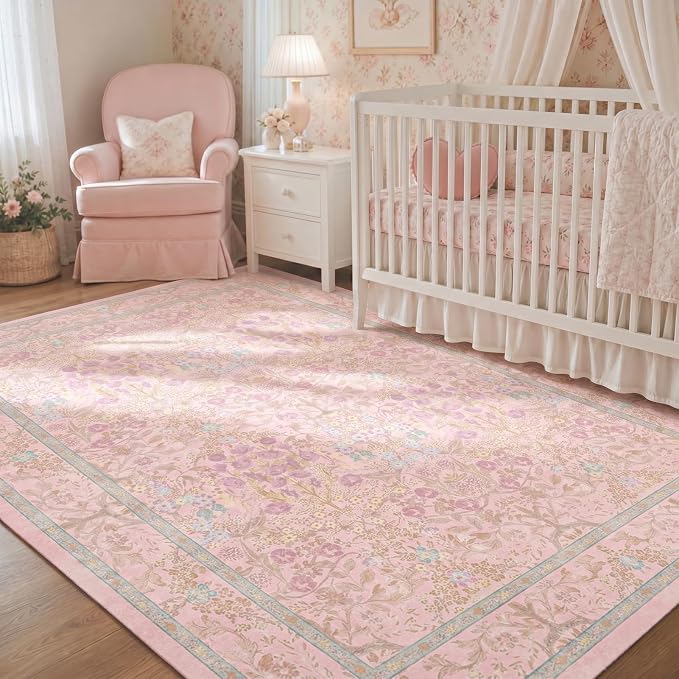 Washable Light Pink Living Room Area Rug 6x9, Boho Botanical Area Rug for Bedroom, Kitchen Table, Nursery, Home Office - Low Pile Non-Slip Vintage Carpet - Soft Farmhouse Accent Mat
