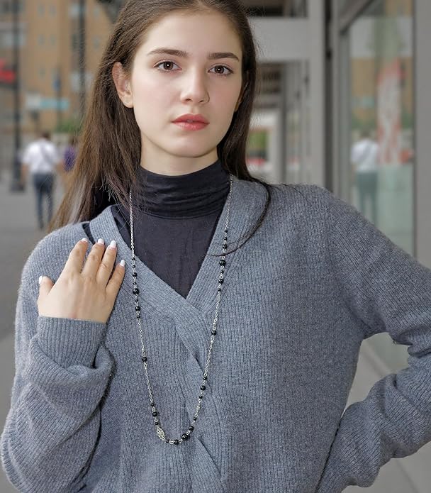 Long Beaded Silver Necklaces for Women Layered Long Statement Necklace with Stone Pearl Beads Double Sweater Chain Costume Jewelry for Women