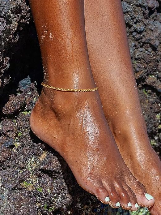 ChainsPro Resizable Anklet Chain for Women Men, Figaro/Wheat/Twist Rope/Cuban Foot Bracelet-Strong with Good Clasp-18K Gold Plated(Send Gift Box)