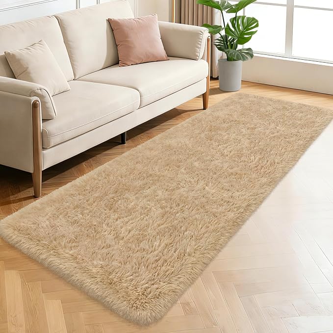 2x6 ft Beige Runner Rugs for Bedroom Living Room, Soft Plush Fluffy Throw Rug Shag Runner Carpet for Hallways Non Slip, Washable Light Beige Rug Carpet for Nursery Kids Girls Room Home Decor