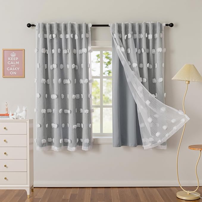 MYSKY HOME Grey Blackout Curtains for Kids Room Boys Bedroom 63 Inch Long Double Layer Curtain with White Pom Pom Sheer for Dining Room Back Tab Room Darkening Window Drapes 2 Panels, 52 x 63 in