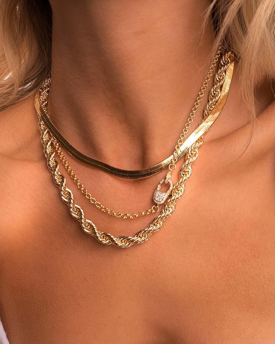 NECOCY 14K Gold Plated Necklaces for Women, Dainty Gold Herringbone Choker Necklace Thin Layered Snake Chain Jewelry for Gifts