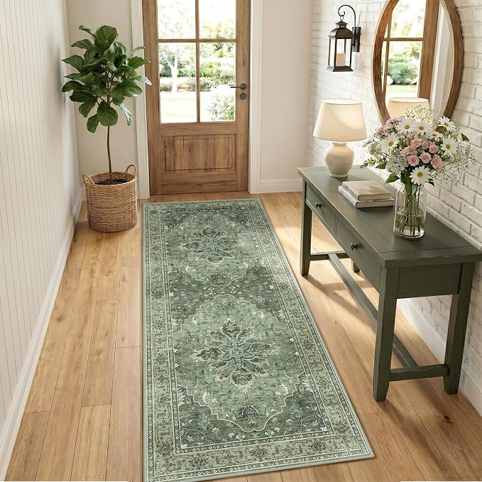 RELEANY Area Rugs Runner 3'x6' Washable Non-Slip, Floral Vintage Distress Medallion Carpet for Kitchen Hallway Bedroom Beside Laundry Room Bathroom, Dark Green Gray