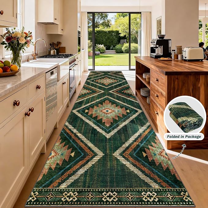 Boho Runner Rugs for Hallway 3x14Ft Non Slip, Long Wide Green Moroccan Washable Kitchen Rug Runner, Soft Geometric Entryway Floor Carpets for Entrance Doorway Home Office Decor