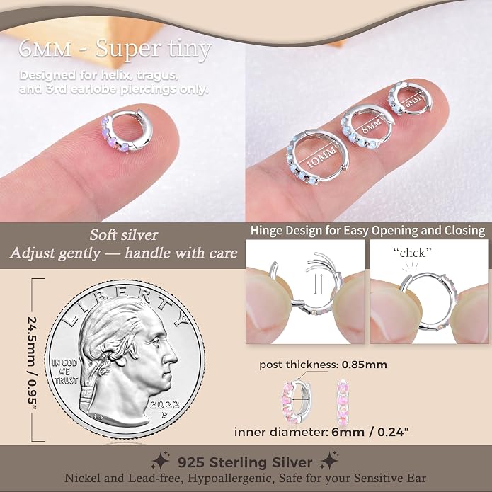 Tiny Mini Opal Huggie Hoop Earrings Upper Ear Cartilage Helix 18k Gold Plated Silver Minimalist Simple Small 10mm 8mm 6mm Hoop Earrings