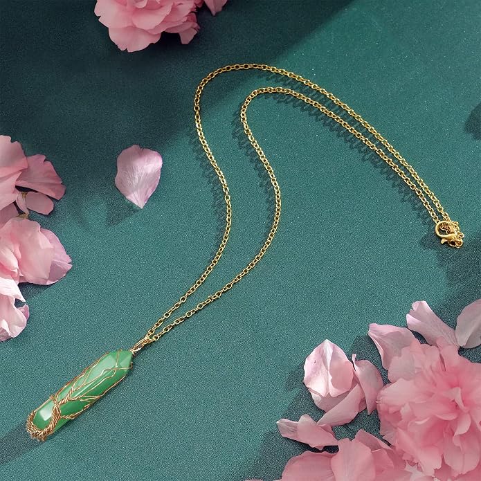 VIBILIA Healing Crystal Necklace Tree of Life Wire Wrapped Natural Stone Point Pendant Necklace Hexagonal Reiki Spiritual Quartz Gemstone Jewelry for Women Men