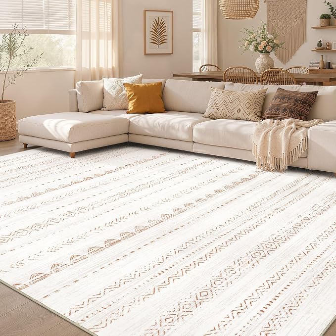 Nakagishi 8x12 Area Rugs Living Room: Washable Boho Large Neutral Soft Farmhouse Rug Stain Resistant Modern Moroccan Non-Slip Indoor Floor Carpet for Bedroom Nursery Kids Playroom Office- Brown