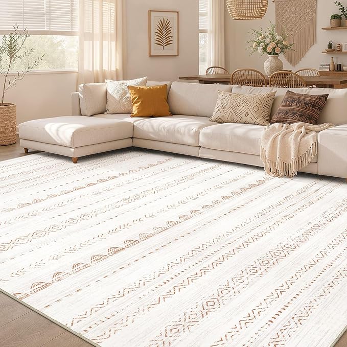 Nakagishi 5x8 Area Rug Living Room: Washable Boho Large Neutral Soft Farmhouse Rugs Stain Resistant Modern Indoor Floor Non-Slip Carpet for Bedroom Nursery Kids Playroom Office Dining Room Dorm- Brown
