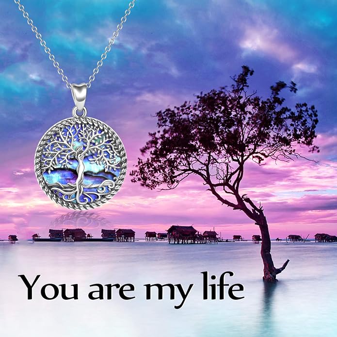 ONEFINITY Tree of Life Necklace for Women Sterling Silver Abalone Shell Crystal Tree of Life Pendant Necklace Family Tree Jewelry for Mom Daughter Sister Girls Christmas Gifts