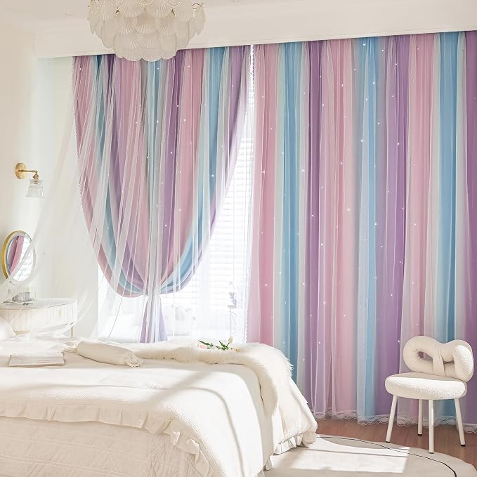XiDi Curtains 120 Inches Long for Girls Bedroom Colorful Rainbow Design Pink Curtains Room Darkening Kids Nursery Unicorn Princess Theme Decor Grommet Window 2 Panels Pink Purple 52Wx120L