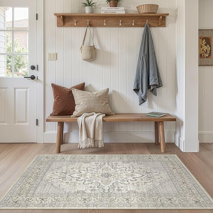 Tortania Area Rug Living Room Rugs - 3x5 Washable Rug Vintage Oriental Distressed Farmhouse Small Thin Indoor Carpet for Living Room Bedroom Under Dining Table Home Office - Beige Linen