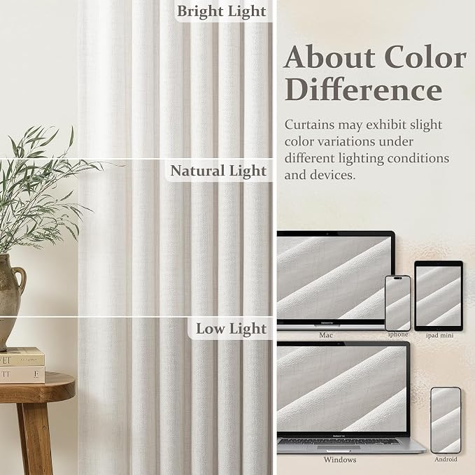 Off White Pinch Pleated Curtains 92 Inches Long 4 Panels Set for Sliding Glass Doors, Memory Trained Natural Linen Blend Semi Sheer Living Room Light Filtering Country Window Curtain & Drapes Back Tab