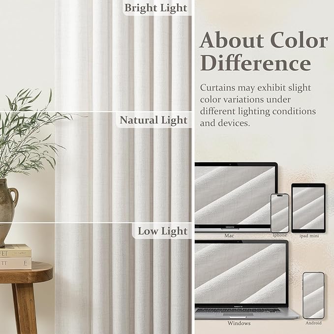 Pleated Natural Linen 90 Inch Curtains 2 Panels Set for Sliding Glass Doors, Farmhouse Semi Sheer Beige White Memory Trained Bedroom Window Drapes Light Filtering Privacy Heavy Viral Curtain 50W x 90L