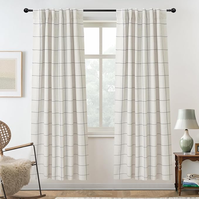 DriftAway 100% Blackout Plaid Linen Curtains 72 Inches Long 2 Panels Gray | 100% Blackout, Linen Texture, Plaid Pattern, Two Layers, Rod Pocket & Back Tab, Bedroom Living Room Use, Luxury Appearance