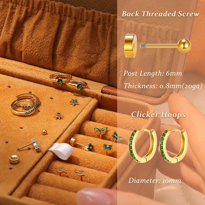 KRFY 25Pcs/17 Pairs Hypoallergenic Surgical Steel Earrings for Sensitive Ears 14K Gold Plated Flat Back Cartilage Earrings for Women Men Screw Back Flatback Stud Hoop Earring Set for Multiple Piercing