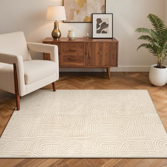GENIMO Soft Washable Area Rugs 3x5, 3D Modern Arch Design Living Room Rug, High-Low Pile Textured Non Slip Fuzzy Shag Carpet, Non-Shedding Stain Resistant Beige Carpet for Bedroom, Entryway, Nursery
