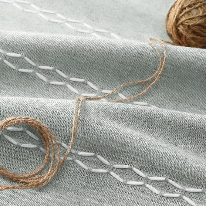 Teal Boho Blackout Curtains 90 Inches Long Light Green Linen Blend 2 Panels with Tassels and Cotton Embroidery, Farmhouse Vintage Rustic Rod Pocket Drapes for Living Room or Bedroom