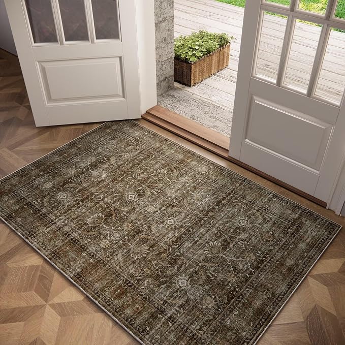 Washable 3x5 Entryway Rug, Boho Vintage Non-Slip Door Mat, Red/Brown | 0.3" Neutral Throw Small Rugs for Bedroom Kitchen Nursery Entrance, Cushioned for High-traffic Area