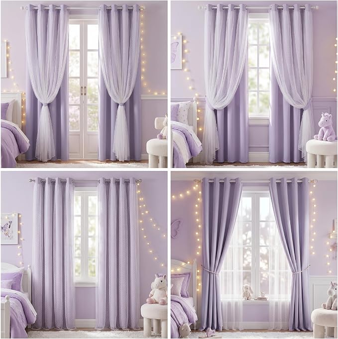 MYSKY HOME Lilac Curtains for Girls Bedroom & Nursery Kids Purple Lavender Blackout 90 Inch Curtains Double Layer with Polka Dots Sheer, Grommet Tops, 52" Wide, 2 Panels