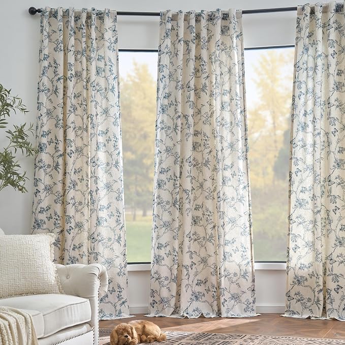 Lazzzy Charlotte Farmhouse Lined Linen Blue Floral Curtains 96 Inch Long Back Tab Drapes for Living Room Bedroom Light Filtering Country Vintage Rod Pocket, 2 Panels, Blue on Beige