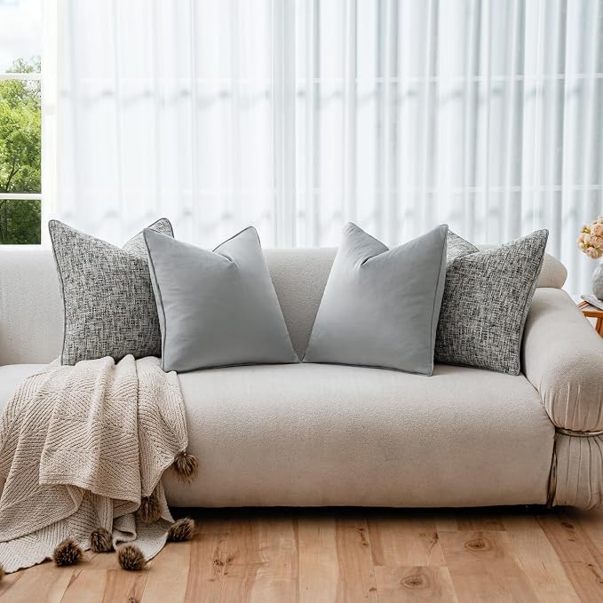 a moment Grey 4 Pack Throw Pillow Covers - Chenille & Velvet Set with Piping, Farmhouse Textured Design Pillow Cases for Couch Sofa Bed Livingroom (20x20 Inch, No Insert)