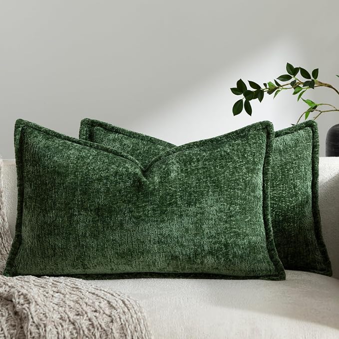 DEZENE Pack of 2 Forest Green Christmas Decorative Throw Pillow Covers 12x20 Cozy Soft Chenille Accent Vintage Rectangular Lumbar Couch Pillow Covers for Home Decor Bed Sofa Living Room