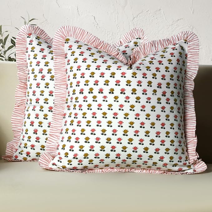 CPC Rosette Bloom Hand Block Print 100% Cotton Ruffle Throw Pillow Cover 24x24 inch with Hidden Zipper Decorative for Couch, Bed, Sofa, Farmhouse, Cottagecore Decor Gift Christmas Fall Thanksgiving